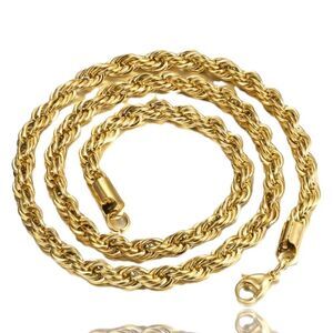 14K Gold Plated 3mm in Width Rope Chain Over Stainless Steel.